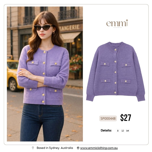 Lavender Pocket Button Knit Cardigan