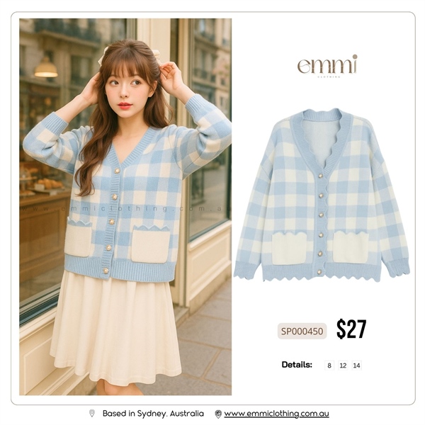 Blue Gingham Button Knit Cardigan