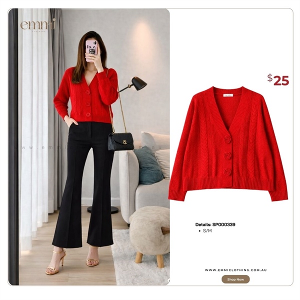 Red Knit Cardigan with Flower Buttons