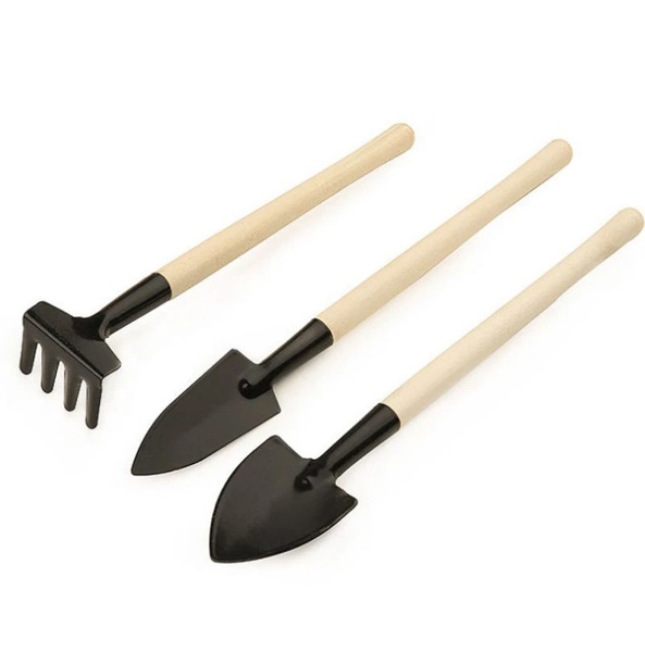 Dụng cụ Làm vườn Cán Gỗ mini (Xẻng ngắn và dài-Cào) - Bộ 3 dụng cụ 21 cm