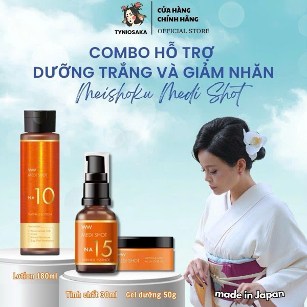 Combo Hỗ Trợ Dưỡng Trắng Và Giảm Nhăn Meishoku Medi Shot (Lotion 180ml, Tinh Chất 30ml, Gel Dưỡng 50g)