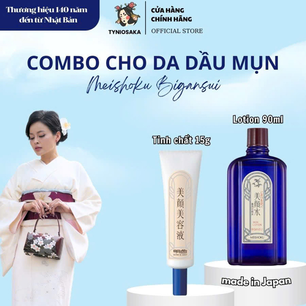 Combo Cho Da Dầu Mụn Meishoku Bigansui (tinh chất 15g, lotion 90ml)