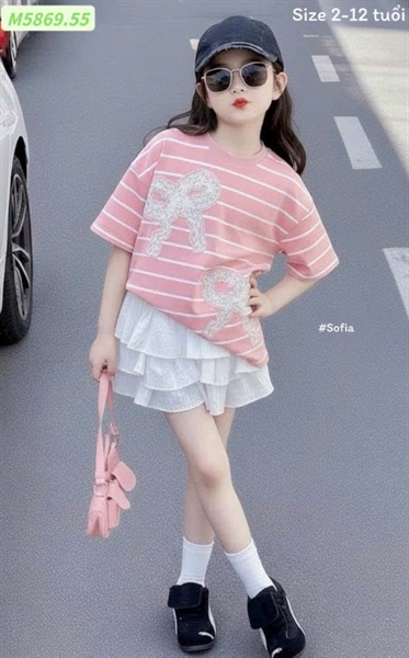 Set bé gái sọc hồng nơ dễ thương (90-160)