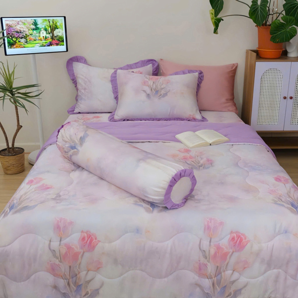 Chăn hè (Vỏ mền/ vỏ mền chần) Tencel 60s họa tiết tulip hồng tím
