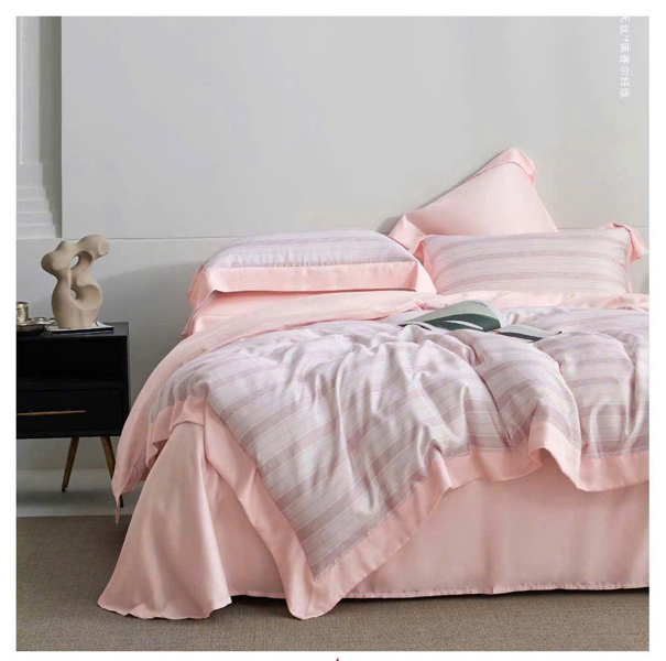 Bộ drap 4 món Tencel 60s họa tiết sọc ngang hồng tím
