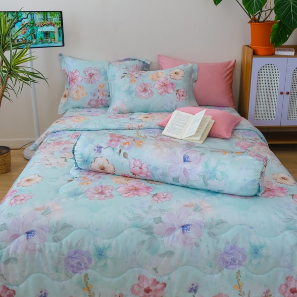 Chăn hè (Vỏ mền/ vỏ mền chần) Tencel 60s họa tiết hoa ombre xanh mint