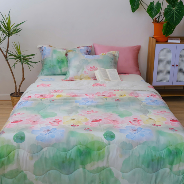 Chăn hè (Vỏ mền/ vỏ mền chần) Tencel 60s họa tiết hoa sen