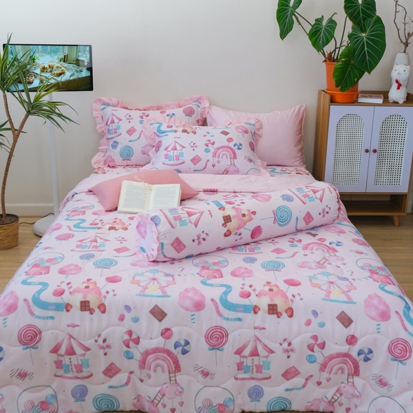 Chăn hè (Vỏ mền/ vỏ mền chần gòn) Tencel 60s họa tiết lâu đài kẹo