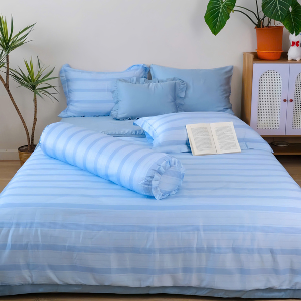 Chăn hè (Vỏ mền/ vỏ mền chần) Tencel 60s họa tiết sọc ngang xanh da trời