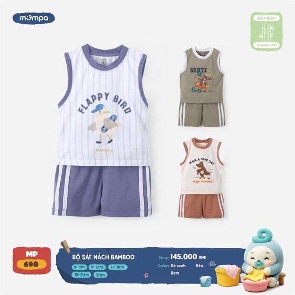Bộ sát nách Bamboo bé trai hoạ tiết thú Mompa MP698