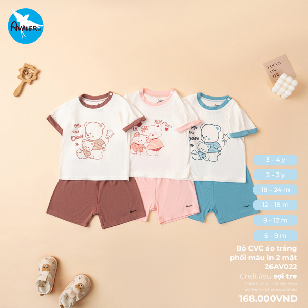 AV068 - 6M/4Y - Bộ CVC áo trắng in 2 mặt Xanh/Nâu