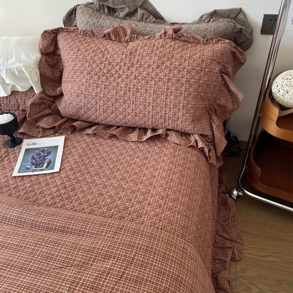 Bộ ga kẻ Hồng | Ghi - 100% cotton thuần, dệt màu (yarn-dyed), xử lý giặt nước