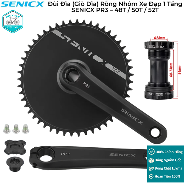 Đùi Đĩa (Giò Dĩa) Rỗng Nhôm Xe Đạp 1 Tầng SENICX PR3 – 48T / 50T / 52T, Fixed Gear / Single Speed / Track
