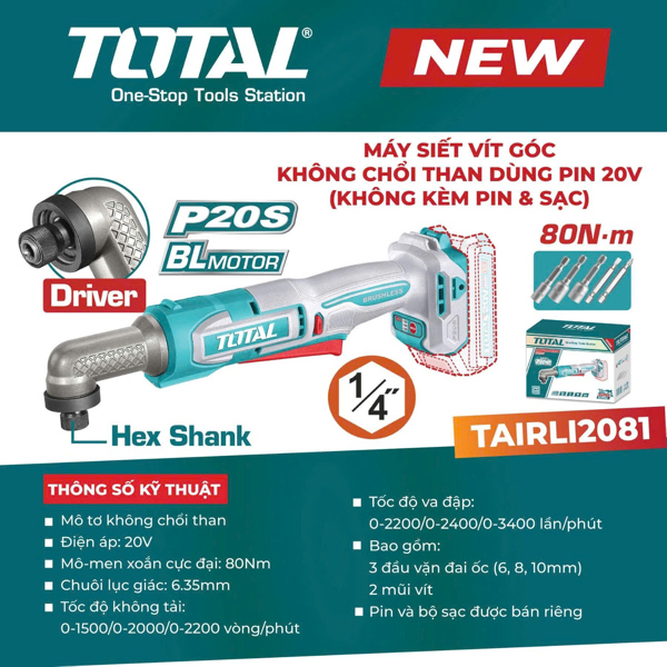Thân Máy (không kèm pin & sạc) siết vít góc không chổi than dùng pin 20V TOTAL TAIRLI2081