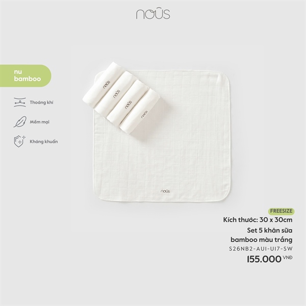 Set 5 khăn sữa bamboo màu trắng Nous S26NB2-AU1-U17-SW-FS