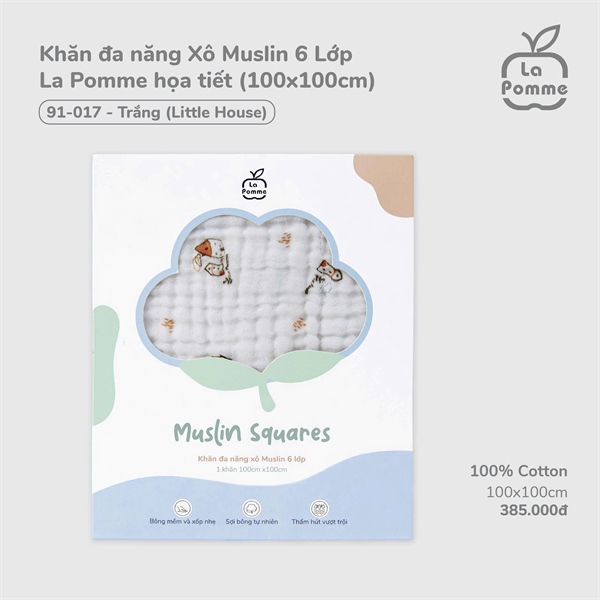 Khăn xô đa năng Muslin 6 Lớp La Pomme 91-017 trơn màu trắng Little House (100x100cm)