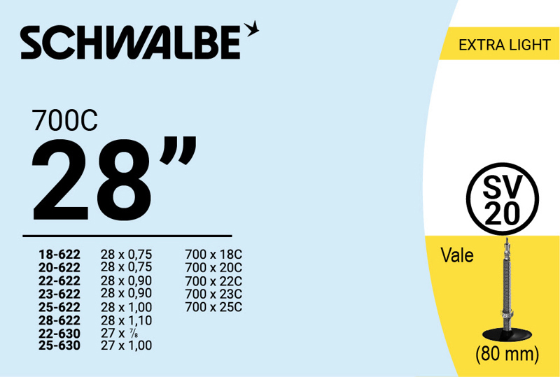 SWB TUBE, 700c 18-28 XTRA LITE, SV80