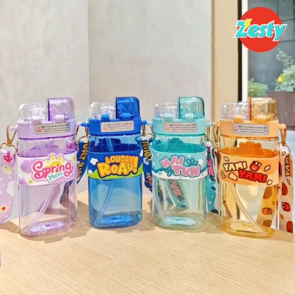 Bình Khủng Long- Bình Nước 520ml Có Dây Đeo Hoạt Hình Dễ Thương Kèm Hai Đầu Ống Hút Silicon Mang Theo Đi Học Đi Chơi
