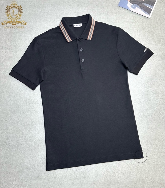 Polo Burberry đen cổ viền chữ tay
