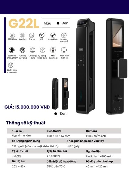 Khóa thông minh cửa gỗ S3, nhận diện khuôn mặt màu đen