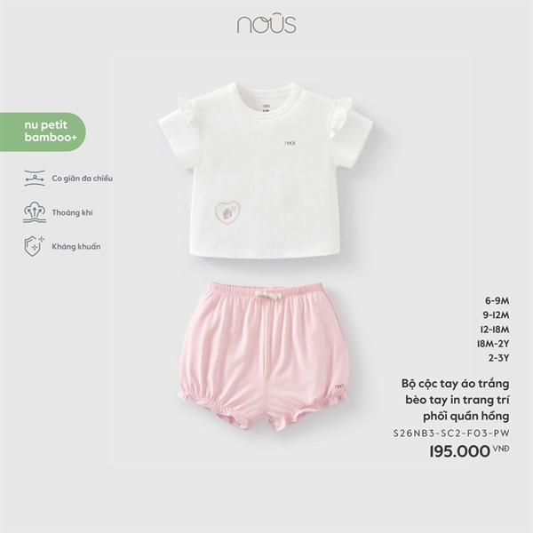 NS2500 - 9M/24M Bộ cộc tay áo trắng bèo tay in trang trí phối quần