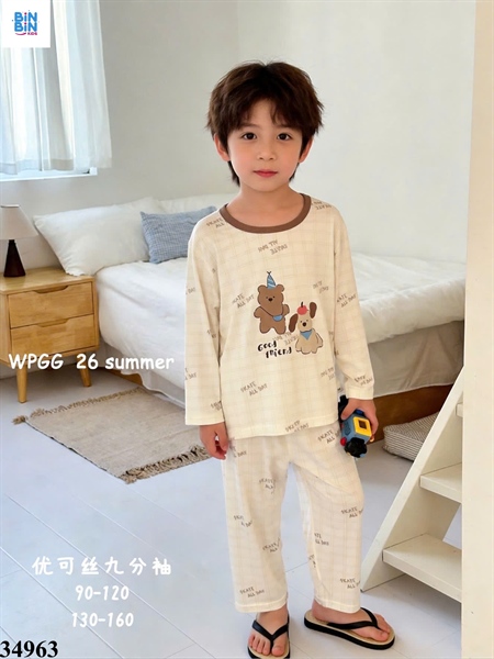 34963-Bộ tencel TD gấu cún caro nâu