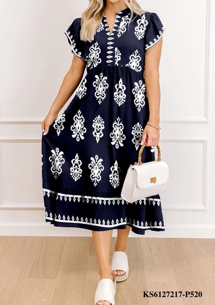 Blue Western Ethnic Print Notched Neck Short Sleeve Midi Dress