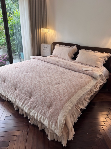 Bộ ga hồng | Vintage Cotton Linen Pháp - Chần full, Chăn hè chần 200x230 cm, Viền bèo - LN01.01