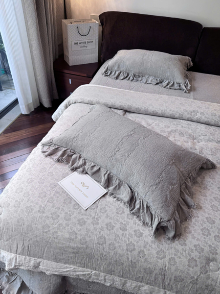 Bộ ga | Vintage Cotton Linen Pháp - Chần full, Chăn hè chần, Viền ren - ZH09.02 - Hoa Ghi