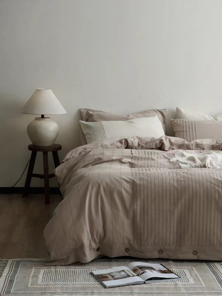 Bộ ga nâu Gân Sọc | 100% cotton - Xử lý giặt nước, mềm - ZH08.01