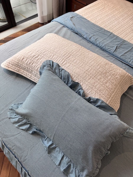 Bộ ga chần INDIGO - Denim Cotton Set | 100% Cotton Xử lý giặt nước mềm - Chăn hè kẻ xanh, viền bèo 200x230 cm | - ZH10