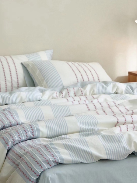 Bộ ga "Hoa Nhã" | Jacquard Cotton Vintage - 100% cotton xử lý giặt nước, mềm - ZH08.02 - Kẻ xanh