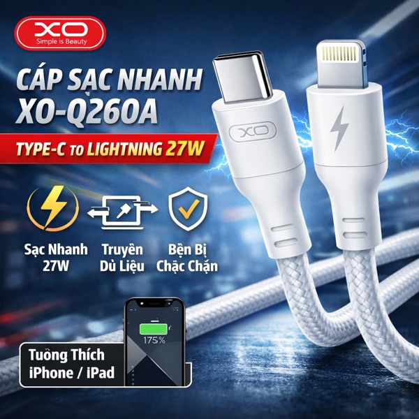 Cáp sạc nhanh IPhone, IPAD C To L 27W XO Q260A (1M)