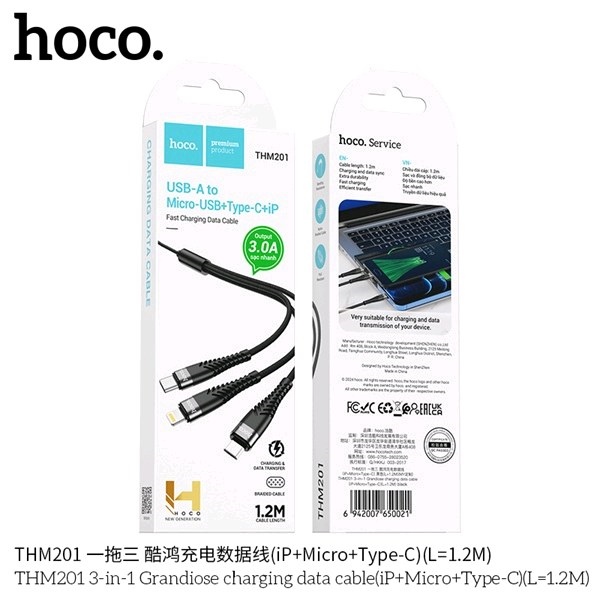 Cáp Sạc 3 Trong 1 (Ip+Micro+Type+C) 3A.1M HoCo THM201 3in1