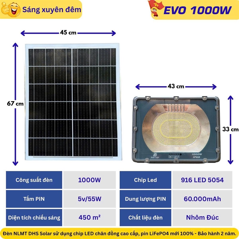 Đèn Led pha NLMT Solar light 1000W ( EVO 1000W ) --- Bộ đèn năng lượng mặt trời solar light 1000W, gồm tấm pin và giá đỡ