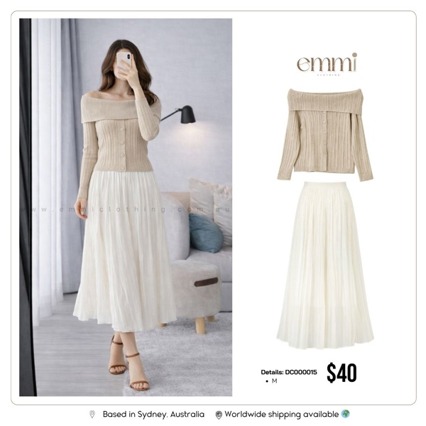 Off-Shoulder Knit Top & Tulle Skirt Set – Cream Beige