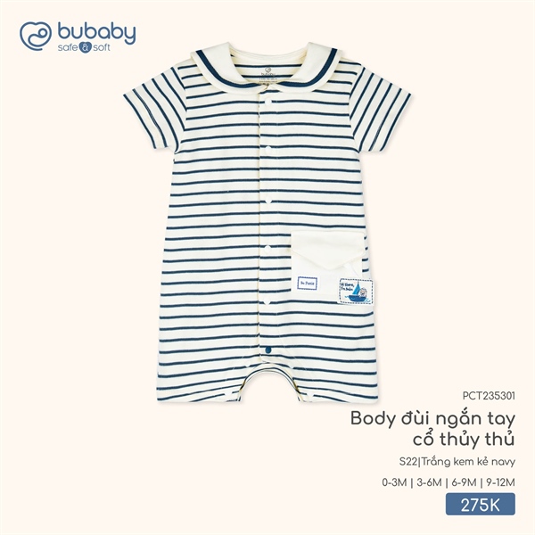 CT2353 - 3M/12M Body đùi ngắn tay cổ thủy thủ Bubaby - Trắng kem kẻ navy