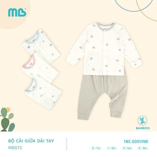 MB075 - NB/6M Bộ dài tay cài giữa Bamboo Thỏ/Gấu/Xanh/Nâu