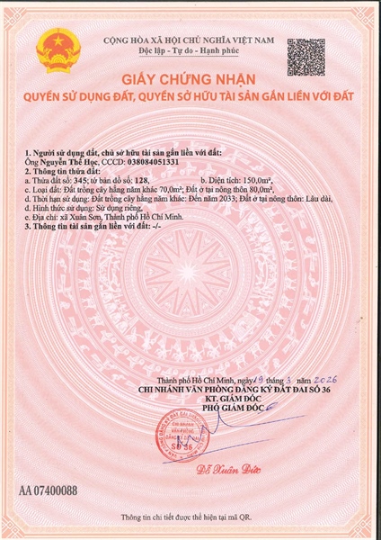 AC-CĐ-SR0029 - Thửa đất 345- Tờ bản đồ 128 Suối Rao - TP.HCM
