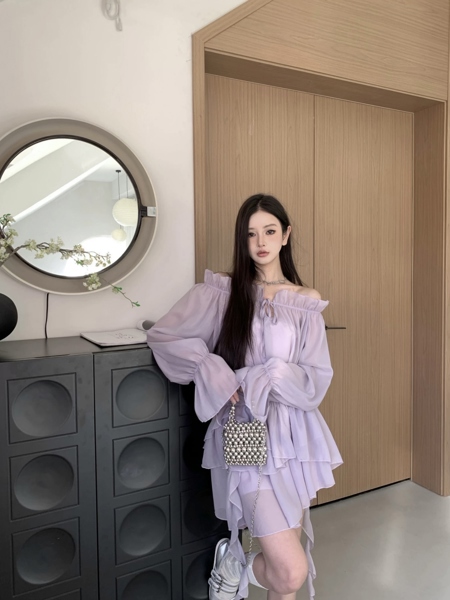 [DN] Váy trễ vai voan tơ tay xòe + quần bảo hộ