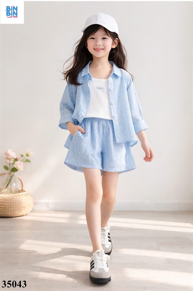 35043-Set 3 CT sơ mi xanh nơ