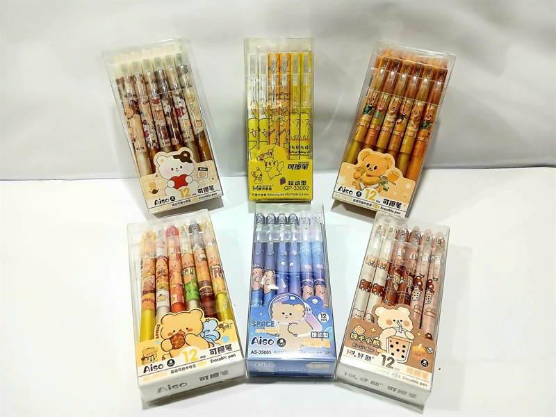 Hộp 12 bút mực ĐEN có đầu tẩy mix hoạt hình