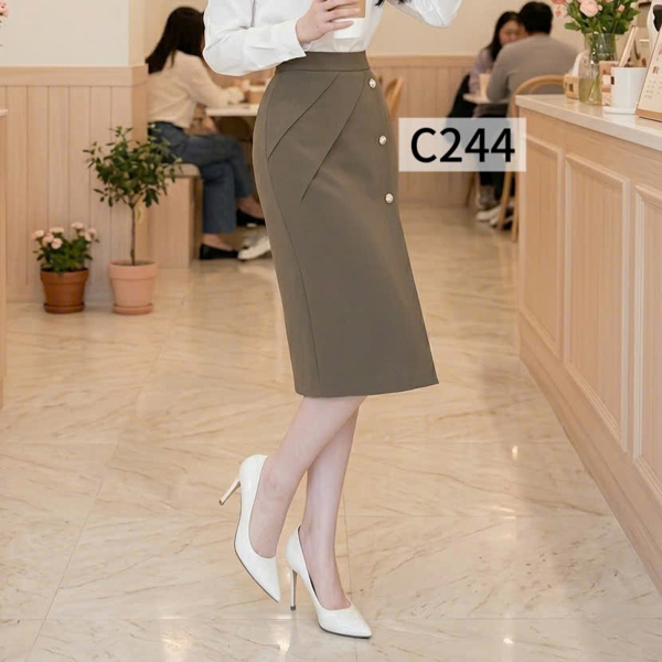 CV chân váy vạt lệch - ly chéo - 3 khuy ngọc dài 77cm