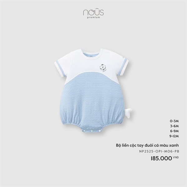 2500 - 3M/12M Bộ liền cộc tay đuôi cá màu xanh