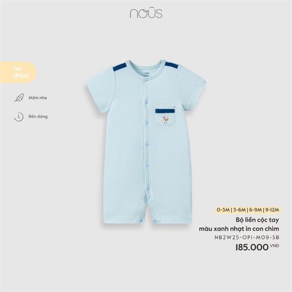 2500 - 3M/12M Bộ liền cộc tay màu xanh nhạt in con chim