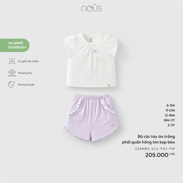 2500 - 9M/3Y Bộ cộc tay áo trắng phối quần hồng tím kẹp bèo