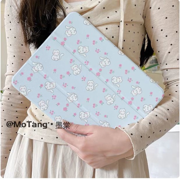 Case Ipad Xanh Hoa Mèo Trắng - M4/M5