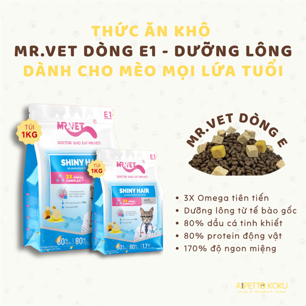 Hạt Mr. Vet E1 Dưỡng lông bóng mượt dành cho mèo mọi lứa tuổi 1kg