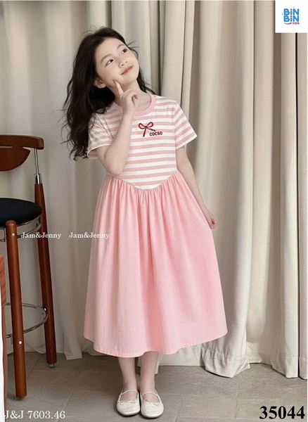 35044-Đầm babydoll nơ sọc ngang