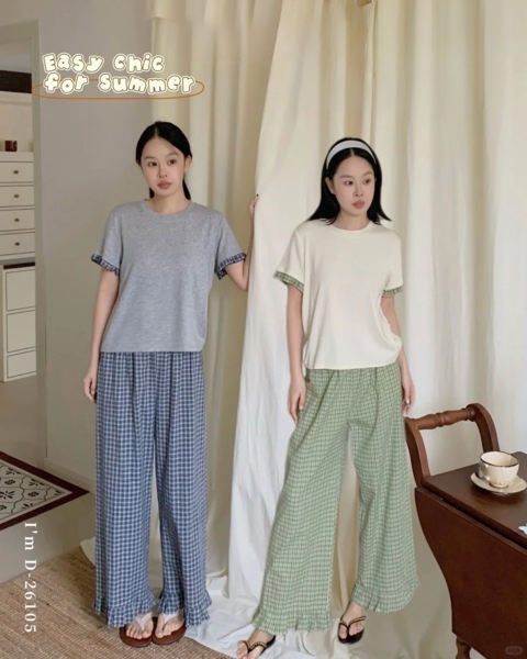 Bộ mặc nhà hè 26 DSTUDIO áo cộc quần dài kẻ caro viền bèo